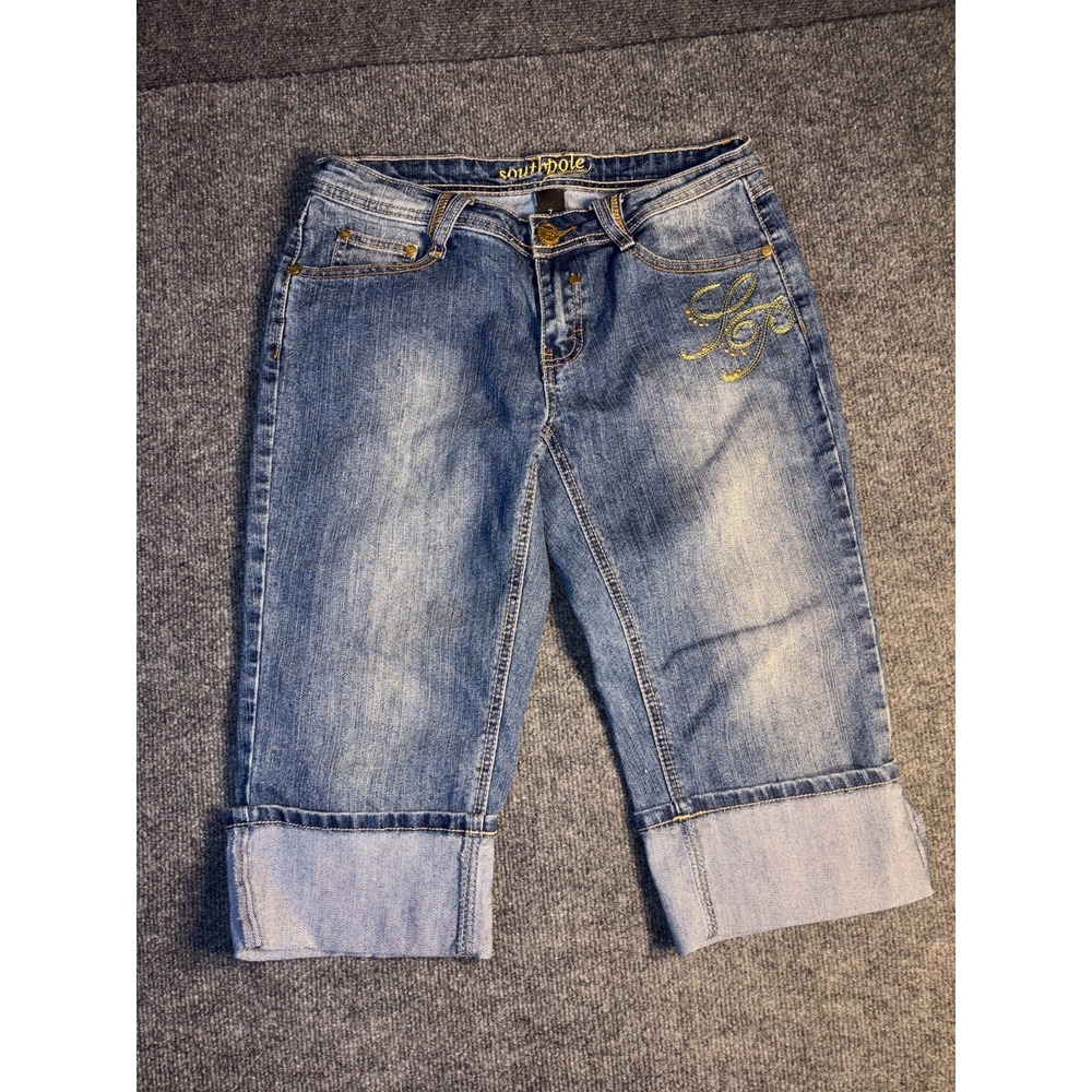 Southpole Capri Jeans Womens Size 7 Blue Denim Embroidered Rhinestone Cuffed Hem